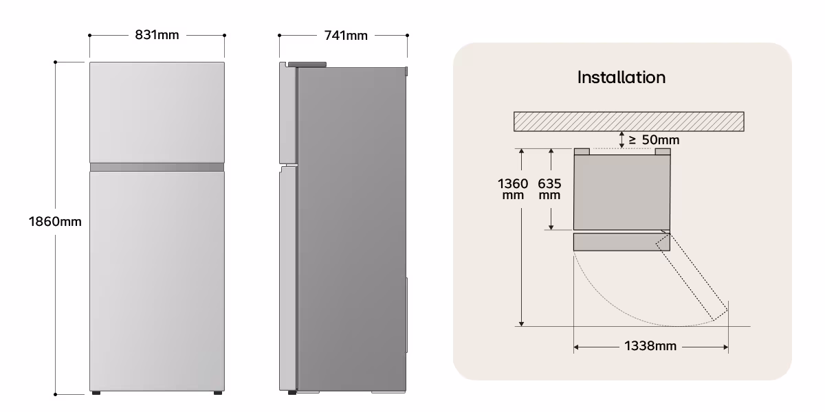 Rajah dimensi LG Top Freezer 603L