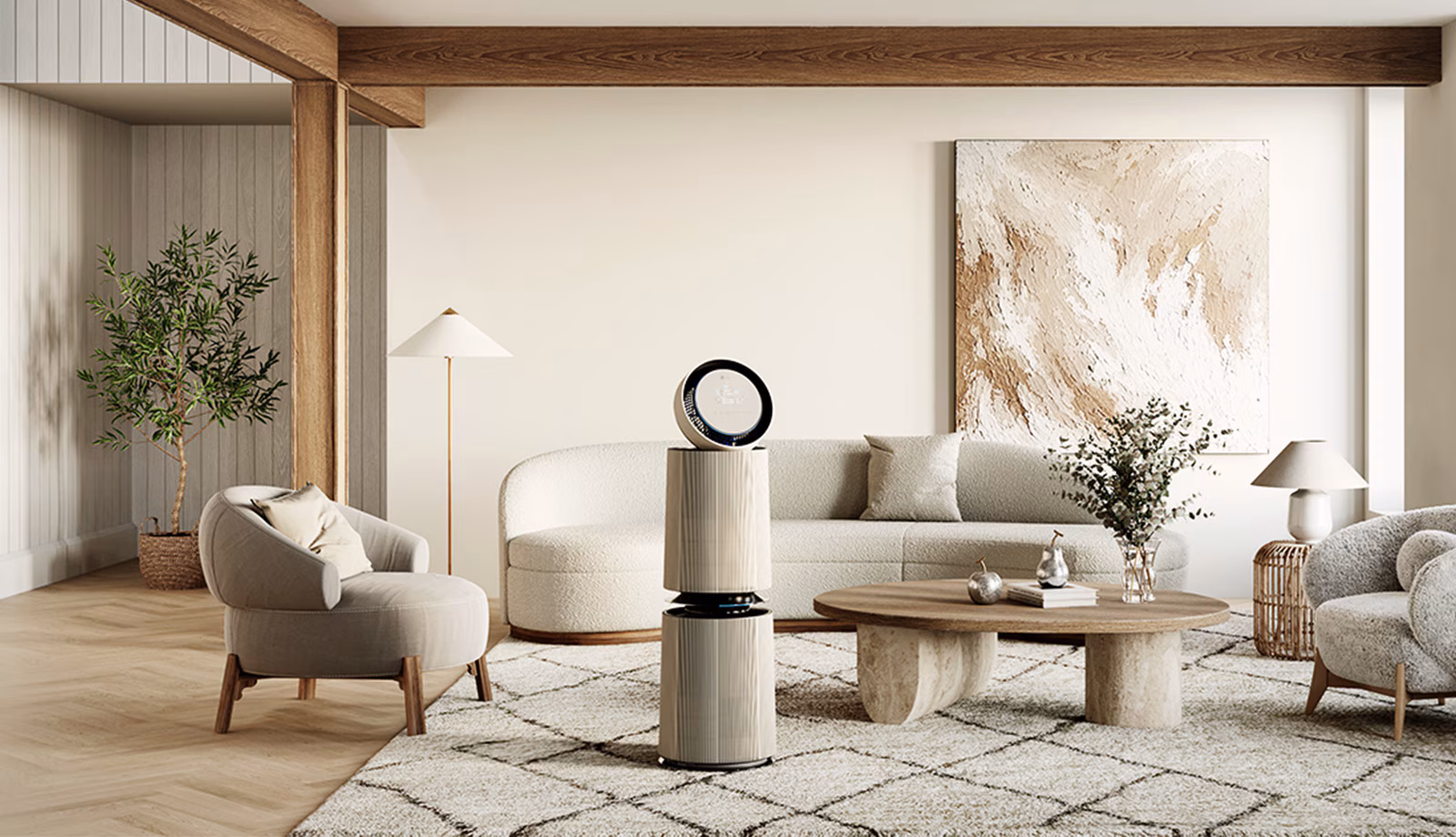 Reka bentuk silinder tinggi Nature Beige LG PuriCare 360 Alpha Pet Double