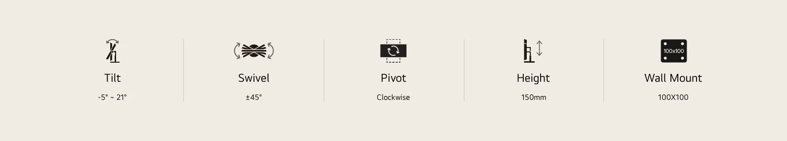 Tilt, Swivel, Pivot, Height & Wall Mount adjustments